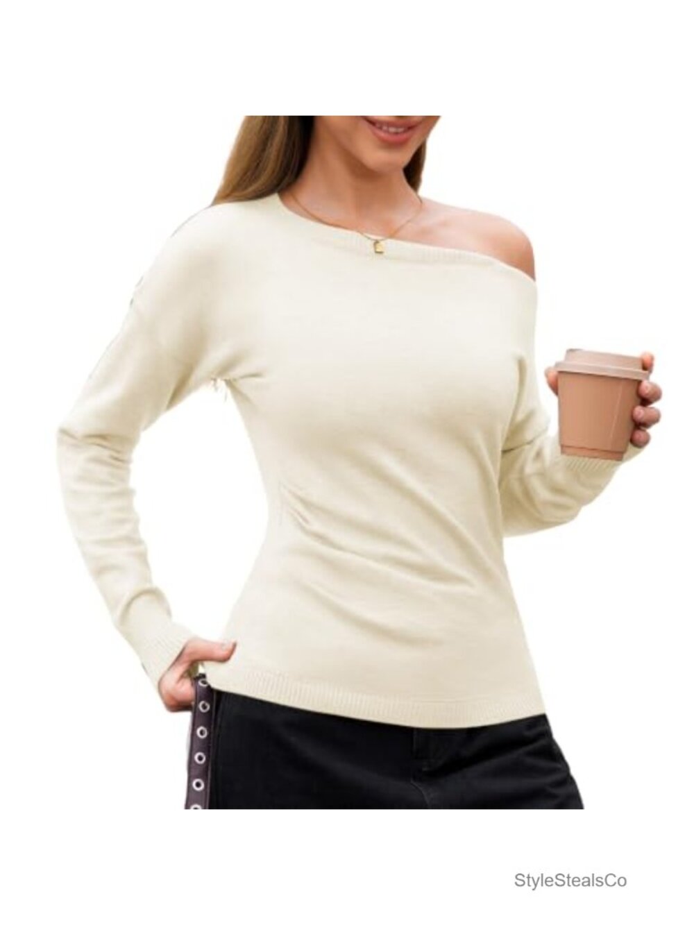 Off The Shoulder Sweater Boat Neck Ruched Slim Fit Long Sleeve Knit Top